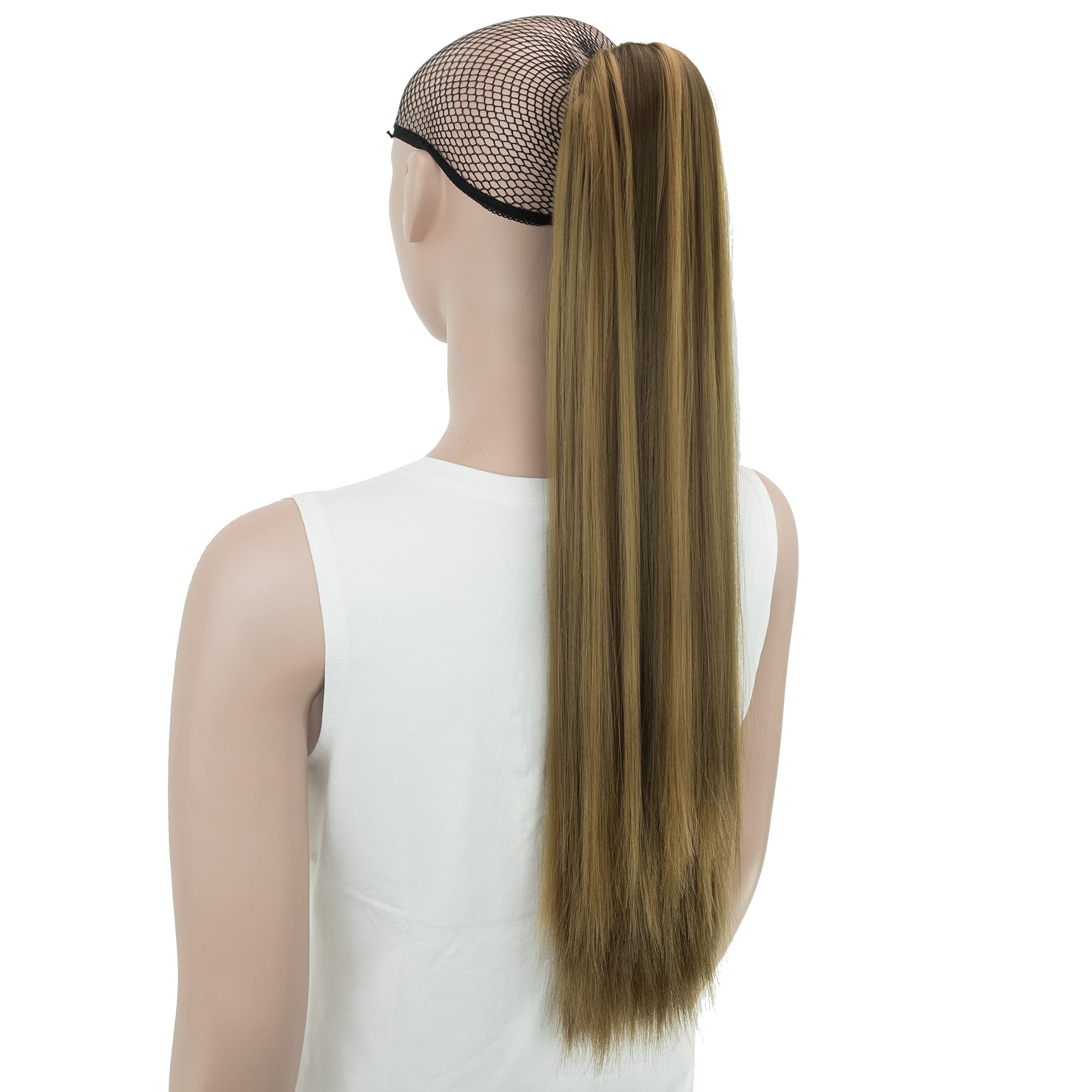 IMISSU Thick Straight Jaw Claw Ponytail Hair Pieces Extensions Pony Tail Clip in Hairpiece 24 Inches (Straight Piano Copper Mix Brown)