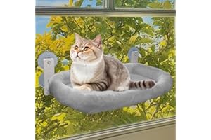 PETMARKET Cordless Cat Window Perch, Large Foldable Cat Hammock for Wall with 4 Strong Suction Cups, Solid Metal Frame, Washable Cover with Two Fabrics to Different Seasons for Large/2 Cats (Grey, 23.8 * 11.8)