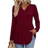 WIHOLL Women Blouses Dressy Casual Long Sleeve Work Shirts Babydoll Tops for Women Maternity Clothes Christmas Outfits Red L