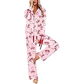 Ekouaer Women Classic Button Down Long Satin Pajamas Set,Bow Tie Silky Cute Pjs Sets Fancy Loungewear