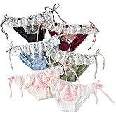 Kurop 6 Pack Japanese Girl Underwear Plaid Ruffled Lace-Up Small Flower Cotton Adjustable Sides Tie Panties Hipster