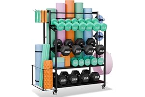 SKYPELIA Dumbbell Rack Weight Stand - Adjustable Weight Rack for Dumbbells, Home Gym Storage Rack for Yoga Mat Foam Roller Kettlebells, Workout Equipment Storage Organizer With Wheels