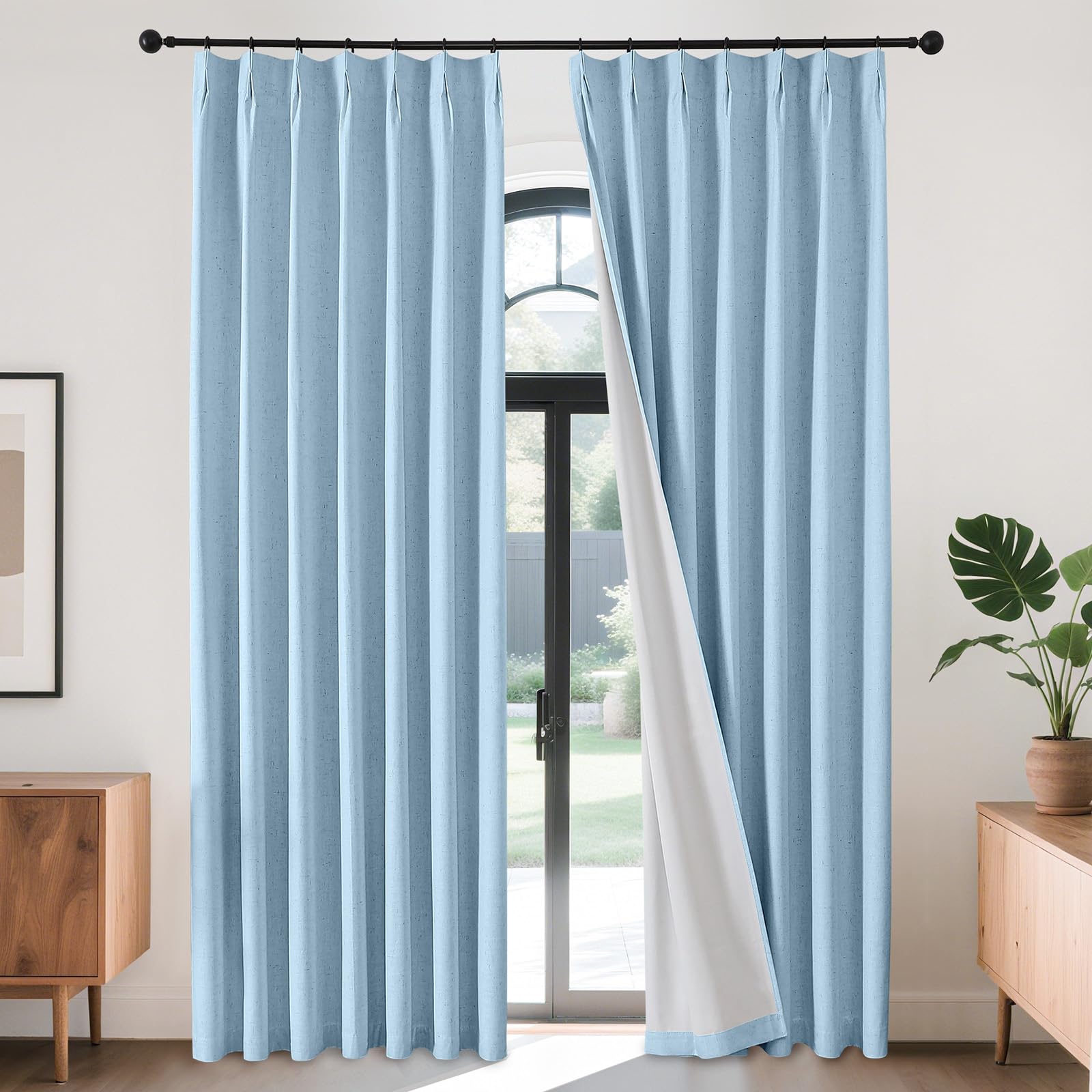 Joydeco Pinch Pleated Linen Curtains Darkening Drapes for Bedroom, 100% Blackout Drapes 96 inches Long 2 Panels Heat Blocking Curtains(Chambray Blue,40'' Wx96'' L) Image