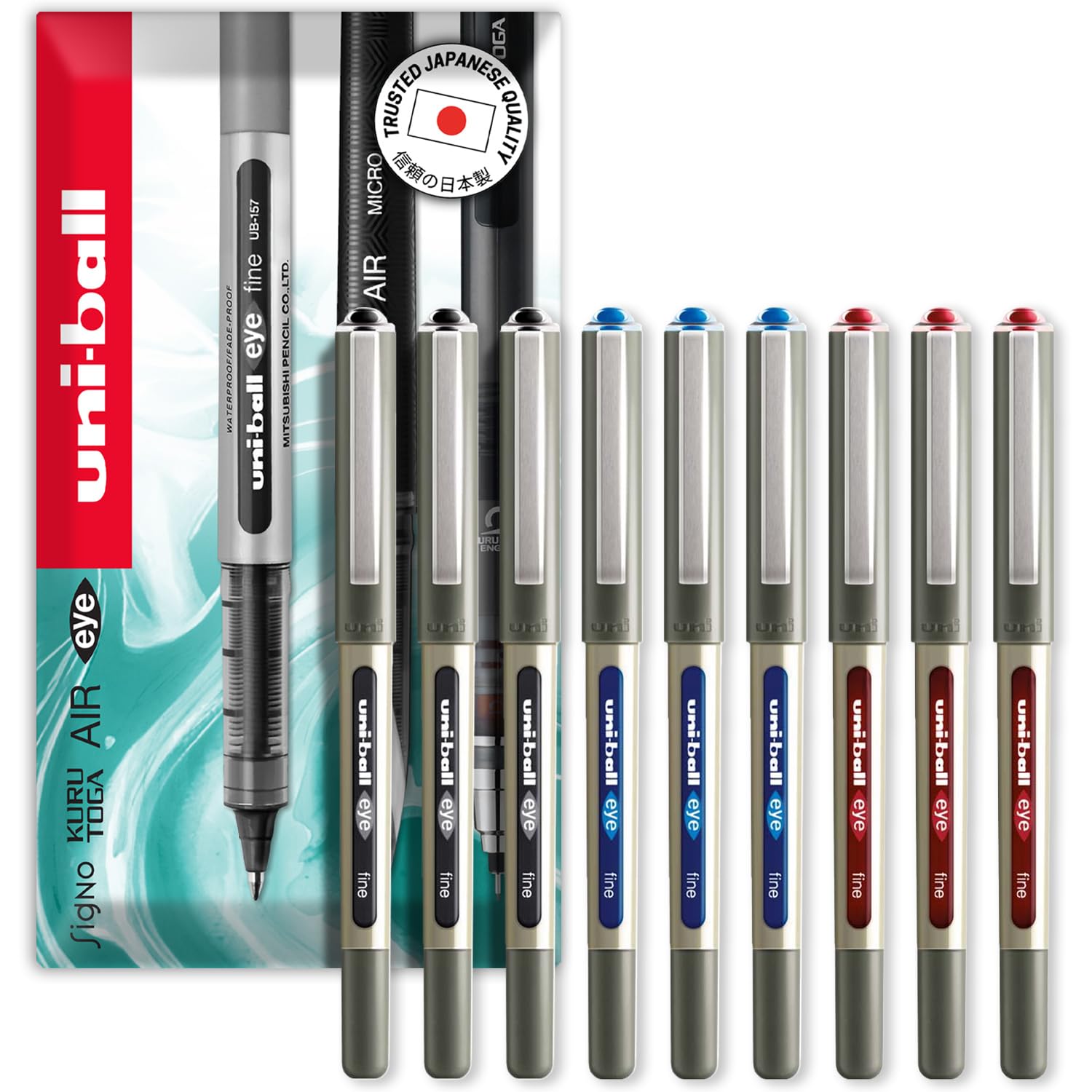 uni-ball EYE - UB-157E Rollerball Pens - 0.7mm Nib - Black, Blue, Red - Pack of 9 in Envelope Gift Packaging