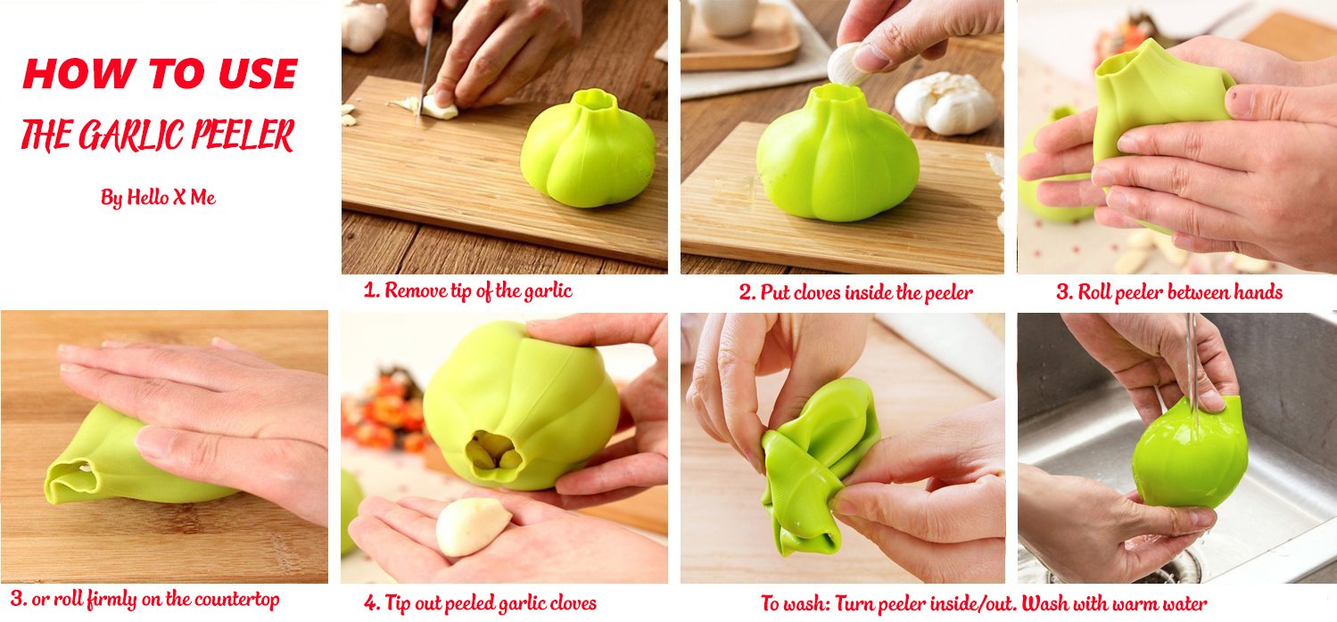 Garlic Press With Peeler and Brush Set,Hello X Me High-End Stainless Steel Garlic Press, Top Quality Garlic Mincer, Garlic Crusher, Garlic Masher and Silicone Roller, Soft-Handled Garlic Press