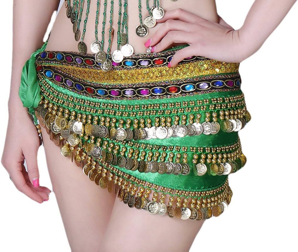 Velvet Belly Dancer Hip Scarf with Colorful Jeweled Sequin Trim Coins