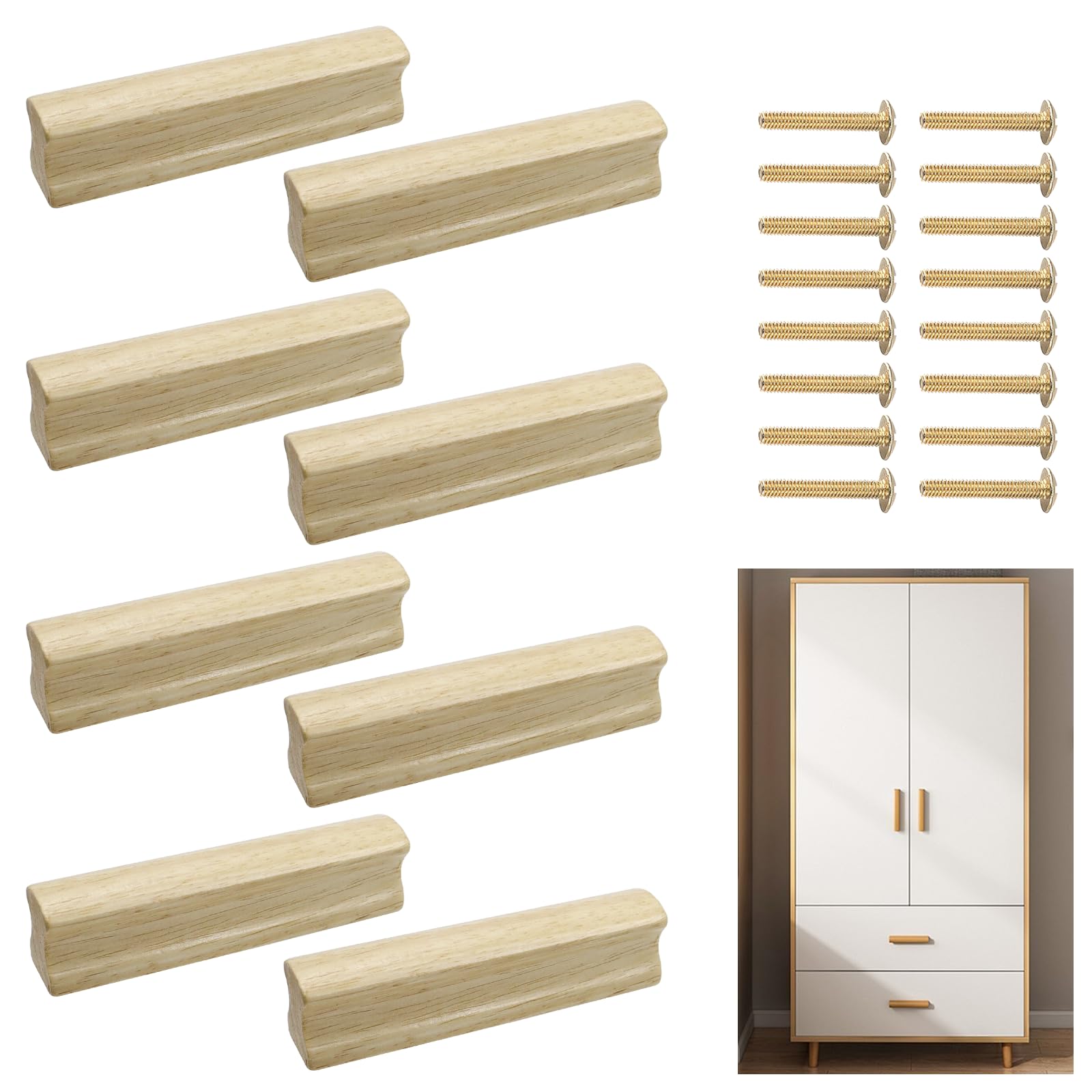 TaboSI Pack of 8 100 mm Furniture Handles Wooden Cabinet Handles Wood with Screws 64 mm Hole Spacing Furniture Wood Handles Door Handles Wooden Door Handles for Cupboards Drawers Furniture Bathrooms