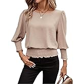 IYICLOTH Women's 3/4 Sleeve Round Neck Blouses Elastic Waist Hem Smocked Shirts Casual Solid Tops