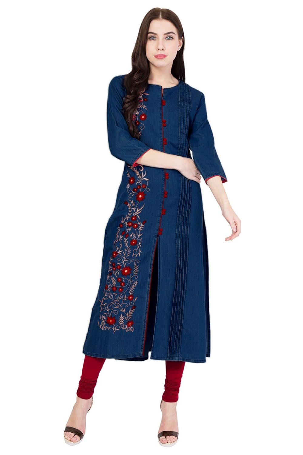 pinky pari women's denim front slit embroidered kurti