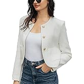 URBAN REVIVO Tweed Casual Blazer Jacket for Women Cropped Crew Open Front Gold Button Blazer Office