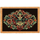 FNDMCTPS Funny Coir Doormat - Skull Gothic Floral - Welcome Mat for Front Porch Decor Personalized Rug with Heavy-Duty Backing, Non-Slip Outdoor Coir - 23.6 x 15.7 inch