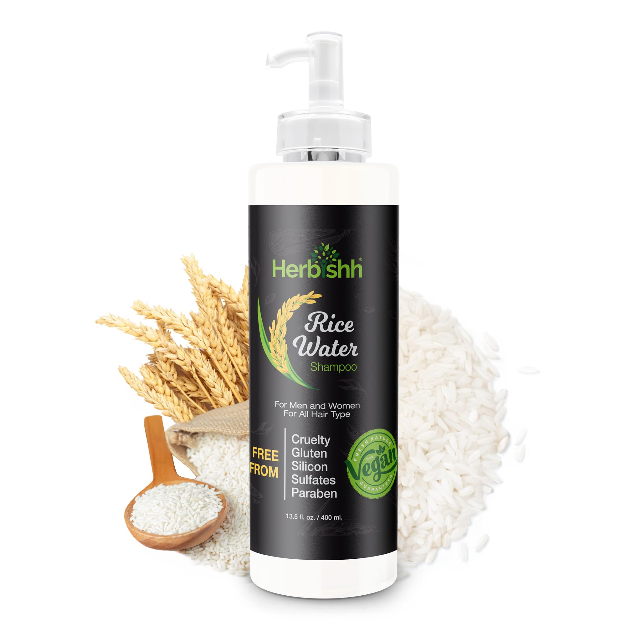 Herbishh Rice Water for Hair Thickener Shampoo, With Rosemary Oil, For All Hair Types, Men and Women 400ML