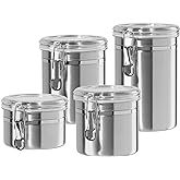 Oggi Set of 4 Stainless Steel Kitchen Canisters - Airtight Clamp Lid, Clear See-Thru Top - Ideal for Kitchen Storage, Food Storage, Pantry Storage - Includes 1 each: 26oz, 36oz, 47oz, 62oz.