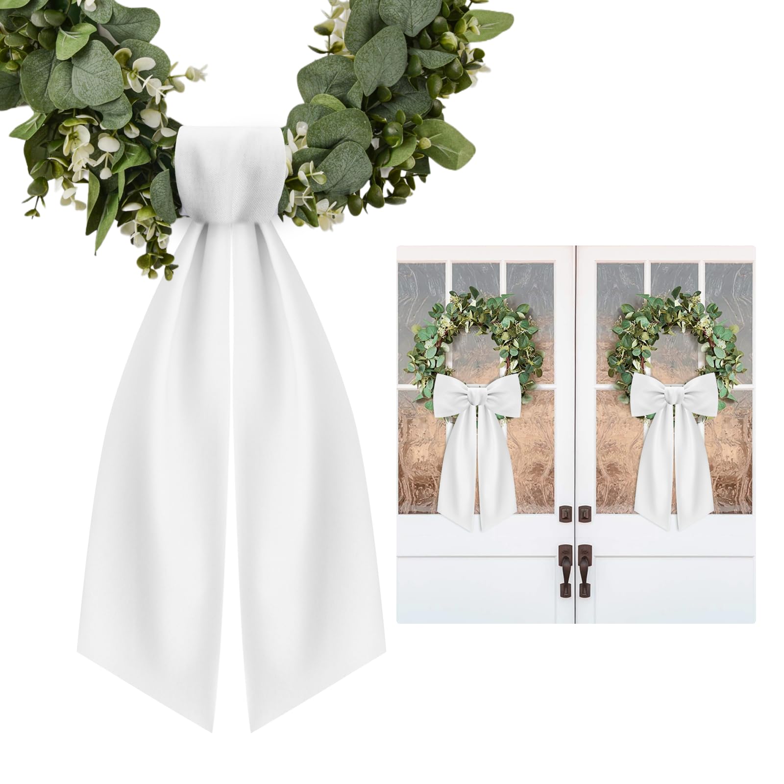 Photo 1 of 2 Pcs White Wreath Sash for Front Door Linen Wreath Ribbon Bow for Yard Porch Garland Home Decor