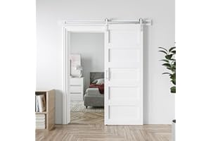 COSHOMER 32in x 84in White Sliding Barn Door with 6ft Brushed Nickel Barn Door Hardware Kit & Handle, 5-Panel, Pre-Drilled Holes Easy Assembly, Water-Proof PVC Surface