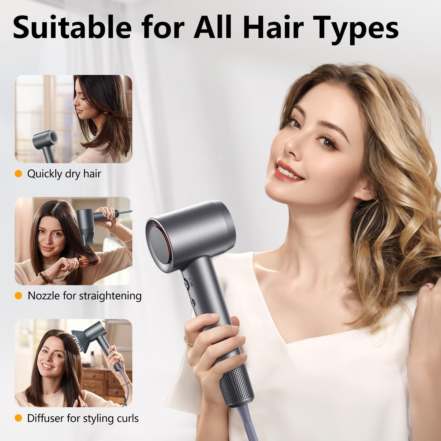 Hair Dryer - 1 Min Fast Drying, High-Speed Blow Dryer with 500 Million Negative Ions, No Heat Damage, Low Noise, Lightweight, Professional Hairdryer with Diffuser & Nozzle, Gunmetal