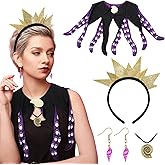 Skicuff 4 Pcs Women Halloween Octopus Costume Purple Sea Witch Cosplay Costume Accessory Sets Mermaid Golden Shell Necklace Collar Gold Headband Seashell Earring for Halloween Cosplay