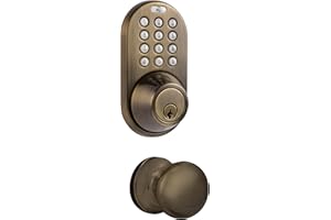 MiLocks TFK-02AQ Electronic Keyless Entry Door Knob with Keypad, Auto-Lock Triple Security System, Easy to Install Keypad Door Lock for Interior or Exterior Use, Antique Brass