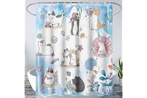 AILONEN Watercolor Cat Shower Curtain for Bathroom, Cute Cat Princess Shell Waterproof Bath Curtain,Cat Lover Minimalist White Curtain with 12 Plastic Hooks(72" W*78" H)