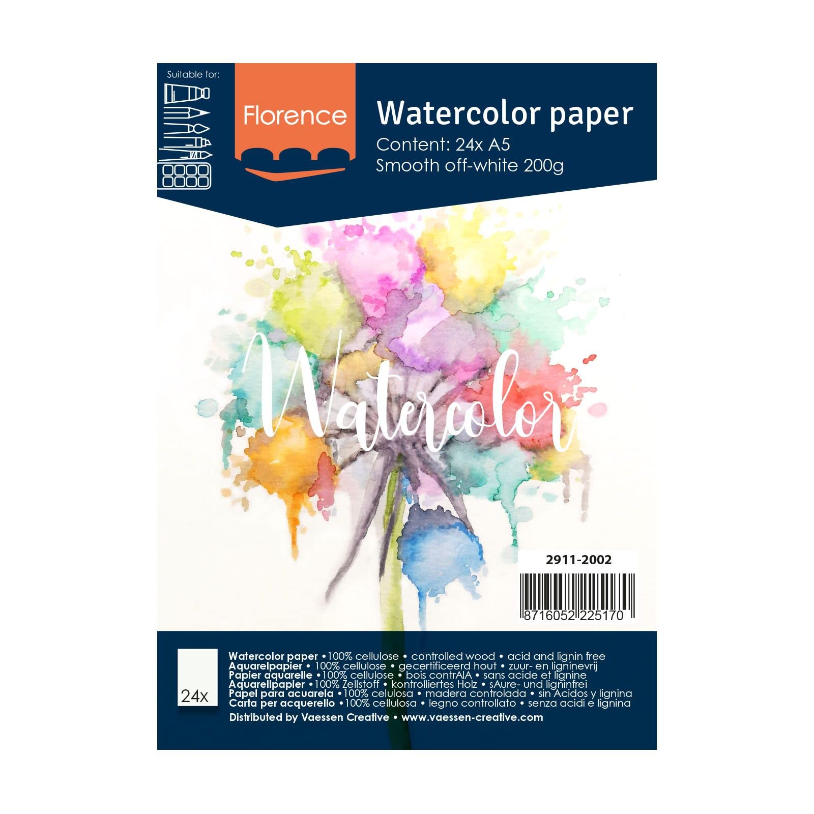 Vaessen Creative Florence Hot Pressed Watercolour Paper A5, Ivory, 200 GSM, Artist Grade Quality, Smooth Surface, 24 Sheets for Painting, Hand Lettering, Art Projects