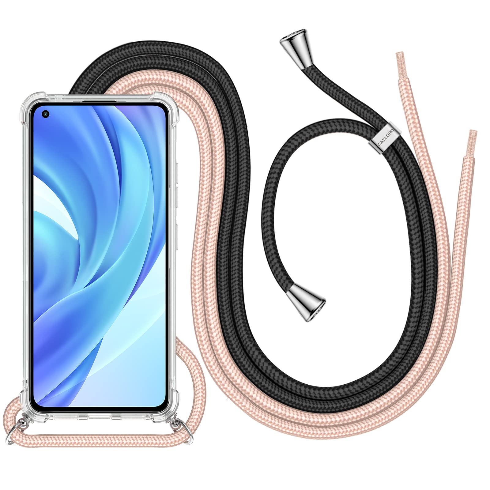 caslord Corssbody Case for Xiaomi Mi 11,Transparent Soft TPU Lanyard Case with Adjustable Neck Cord Lanyard Strap,Neck Strap Case Compatible with Xiaomi Mi 11(Black+Golden Pink)