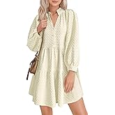 Lazysmile Dresses for Women Long Sleeve V Neck Button Down Ruffled Flowy Fall Casual Babydoll Tunic Dress