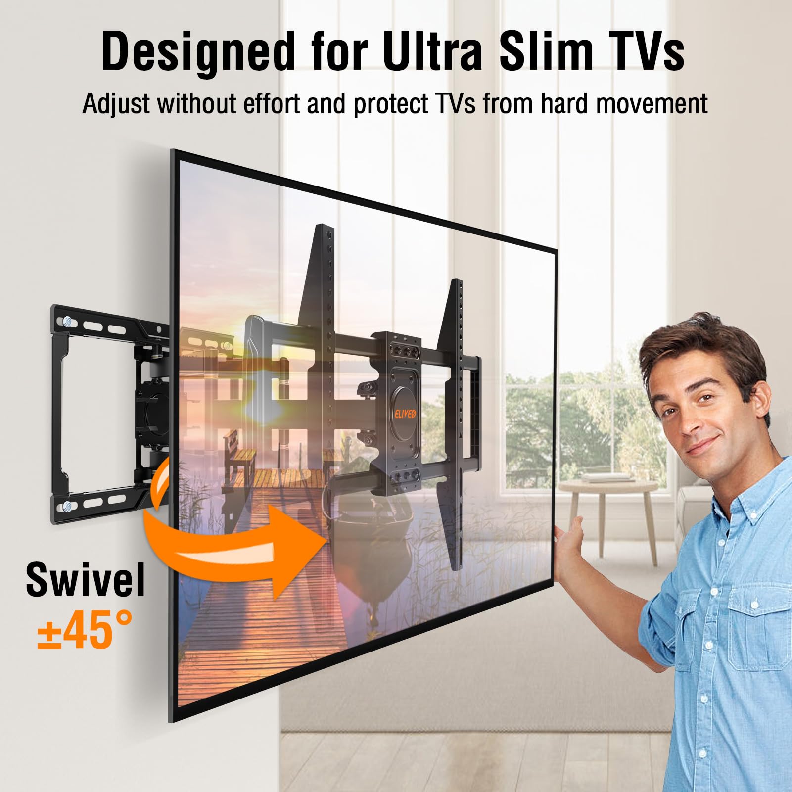 ELIVED TV Wall Mount for Most 37-82 Inch OLED QLED TVs, 8 Ball Bearings Smooth Swivel Extend for Ultra Slim Screens, Full Motion Wall Mount TV Bracket Max VESA 600x400mm, 100 lbs. Fits 16