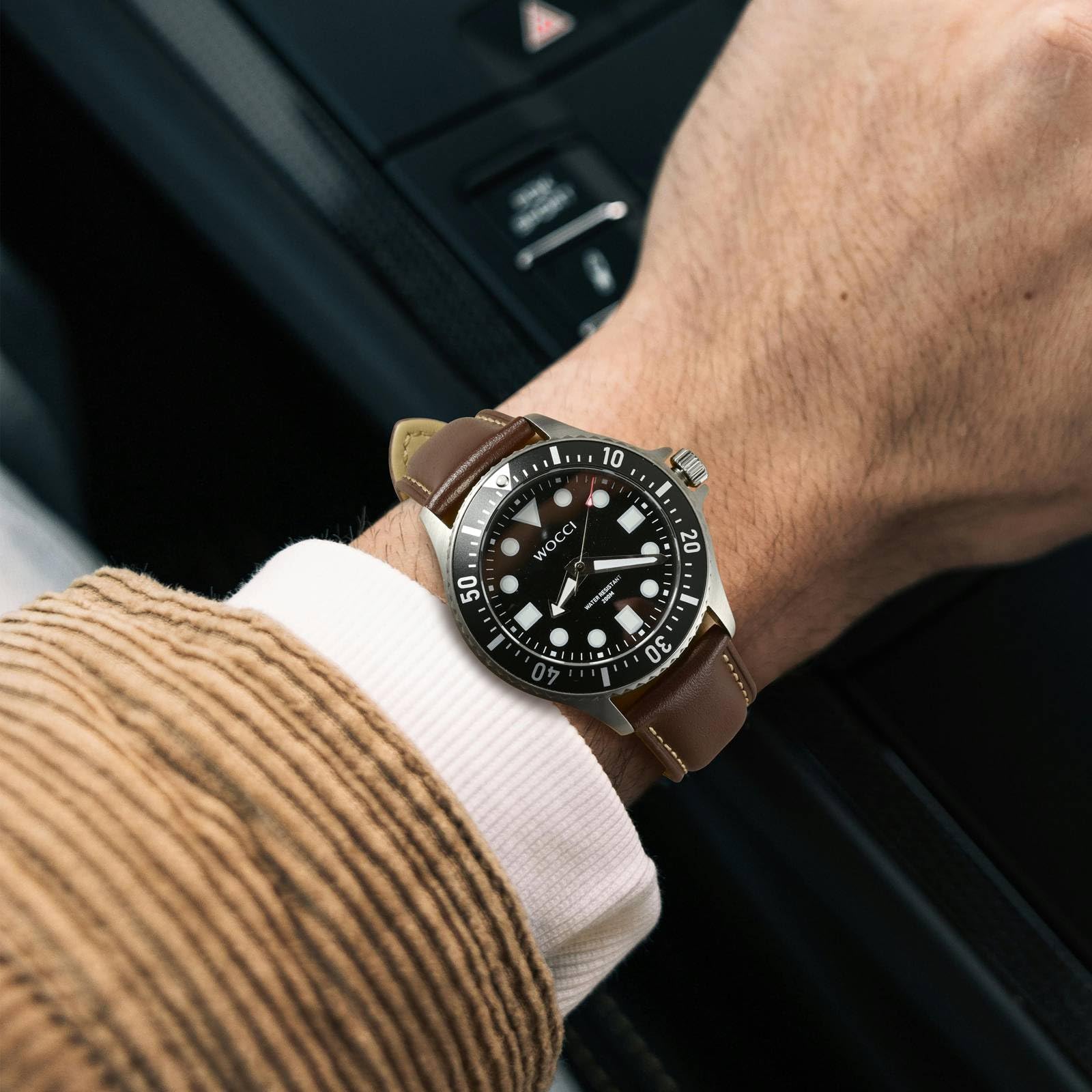 WOCCI 20mm Vintage Leather Watch Band for Men and Women, Silver Buckle (Dark Brown/Contrasting Stitch)