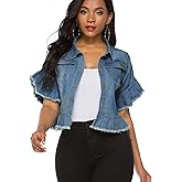 Suvimuga Women's Denim Jacket Button Down Distressed Ruffle Sleeve Crop Jean Jackets Coat