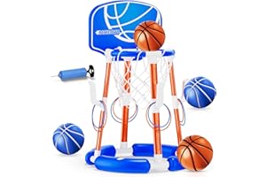 Pool Basketball Hoop with Backboard, Floating Pool Toys for 3-12 Years Old Kids Ring Game with 4 Balls 8 Rings & Pump Outdoor