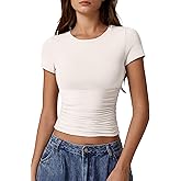 QINSEN Short Sleeve Shirts for Women Round Neck Basic Double Lined Tees Fitted Y2k Crop Tops