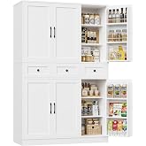 HITHOS 71" Tall Kitchen Pantry Storage Cabinet w/Drawers &amp; Shelves, White | 47"W Kitchen Pantry Cabinet with Swing Out Doors, Large Wood Storage Cabinet, Modern Deep Food Pantry, Living Room
