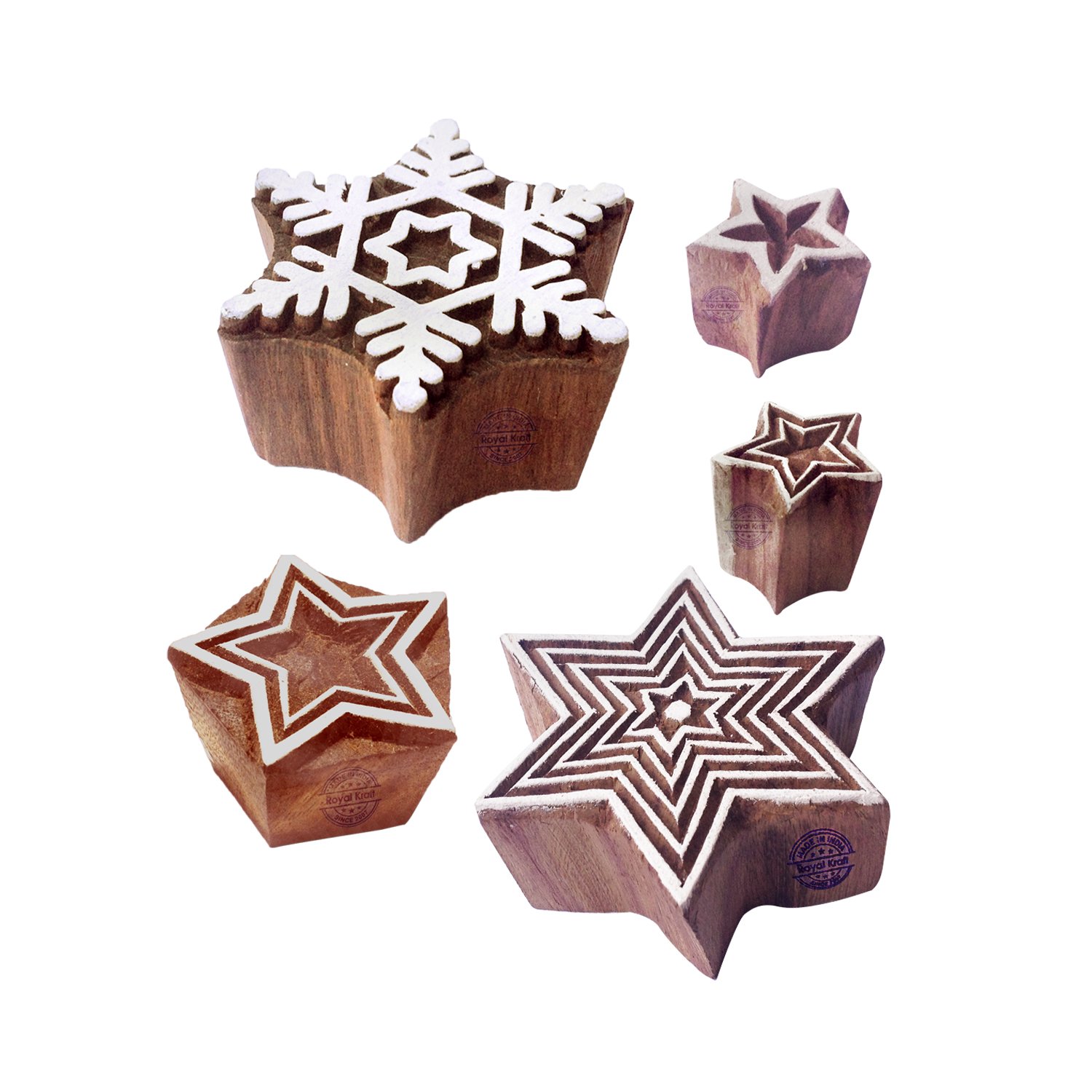 Artistic Pattern Star and Snowflake Wood Block Stamps (Set of 5) Htag1596