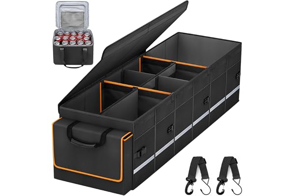 Car Trunk Organizer and Storage with Removable Leakproof Cooler Bag, 6 Removable Dividers for Custom Space, Collapsible Trunk