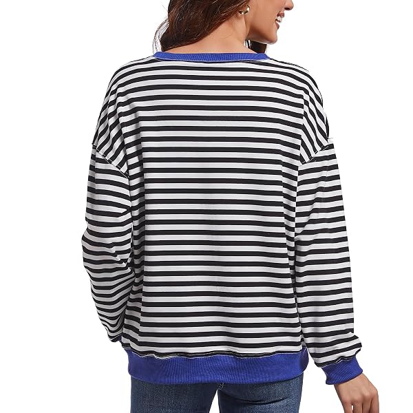 MARS GUARD WOMEN STRIPED SWEATSHIRTS COLOR BLOCK CREWNECK OVERSIZED LONG SLEEVE CLASSIC PULLOVER CASUAL LOOSE SHIRT Y2K TOP BLACK/WHITE