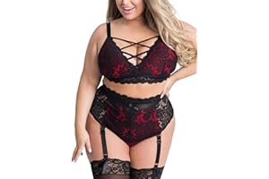 EVELUST Plus Size Lingerie for Women - Sexy Luxe Criss-cross Bra Lace Cup Classic Underwear High Waisted Suspender Set