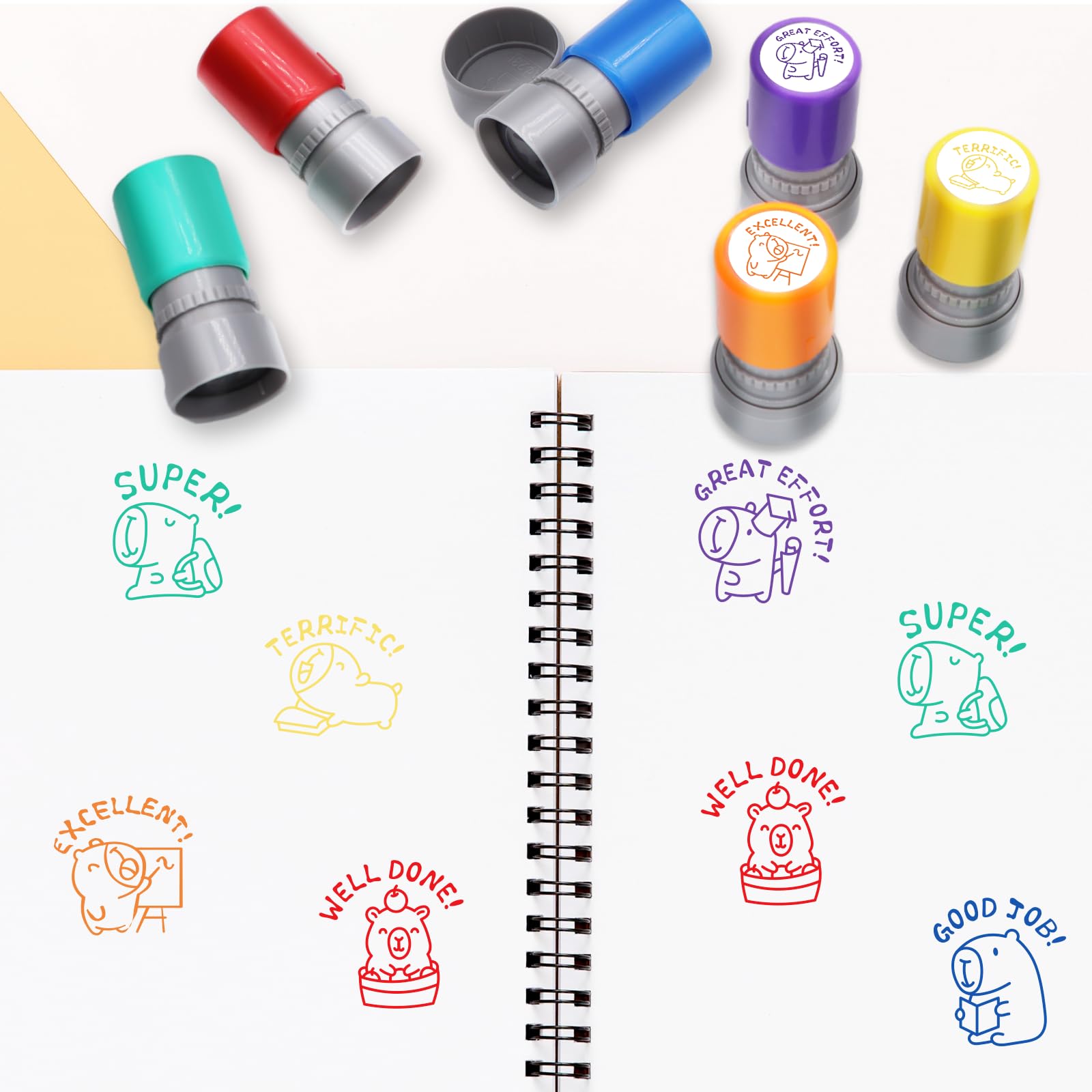6-Piece Set of Teacher Stamps - Kapibala Cute Motivational Scoring for Grading Teacher Stamp Self Inking Stamp Behavior Stamps for Teachers Grading