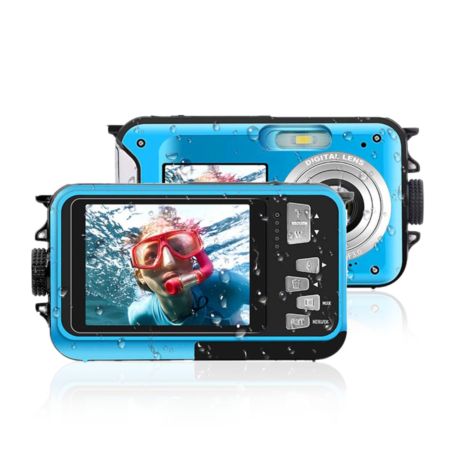 Underwater Camera, 2.7K 48MP Waterproof with 2.7in+1.8in Dual Screen LCD Display for Snorkeling (Blue)