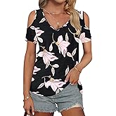 AUSELILY Womens Summer T Shirts Casual Ladies V Neck Tops Short Sleeve Cold Shoulder Loose Fit Blouse