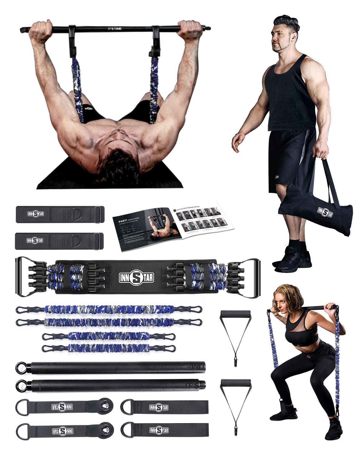 INNSTAR Portable Home Gym Set with Workout Bar, Bench Press Set, Squat Resistance Band, Door Anchor and More-Full Body Workout Equipment to Build Muscle and Shape Body (Women|105LB)