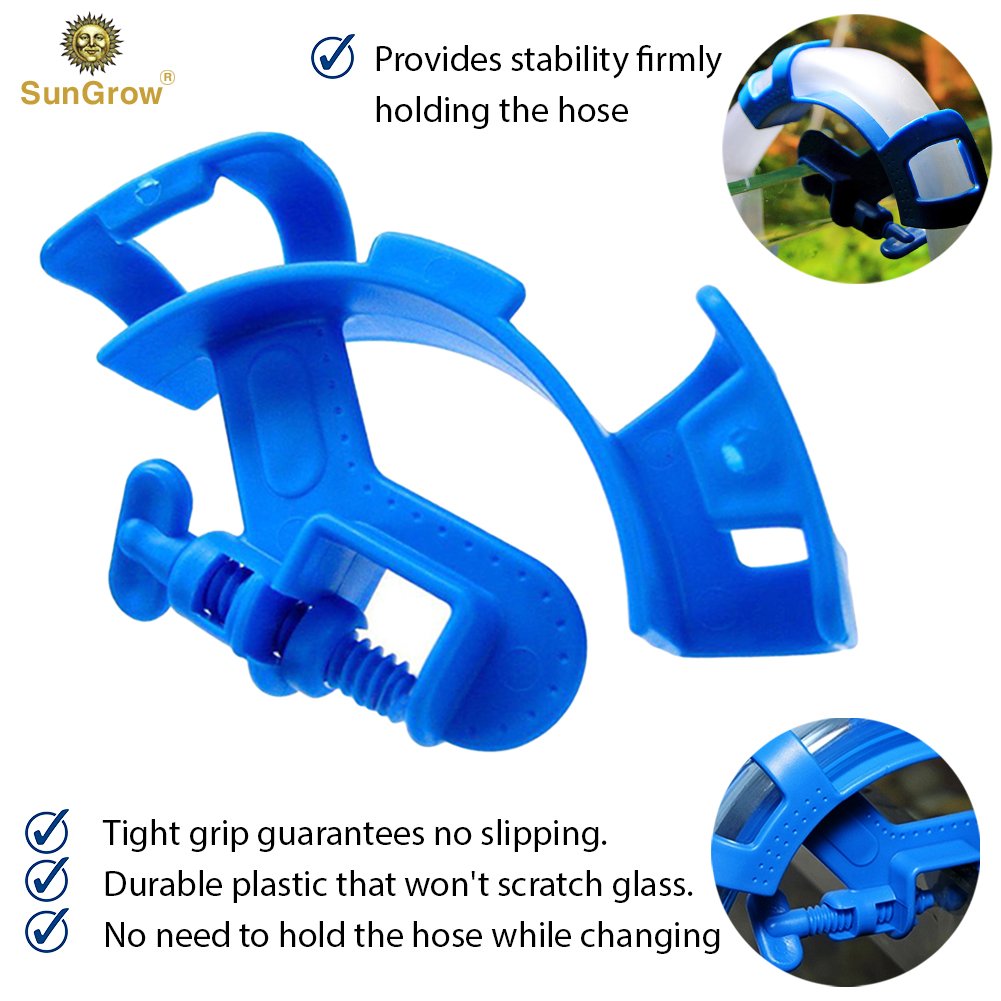 SunGrow Hose Holder: Strong durable plastic: Firmly holds the pipe in place no slipping: Attaches to aquarium wall with a vice: Easily clean or change water with this holder