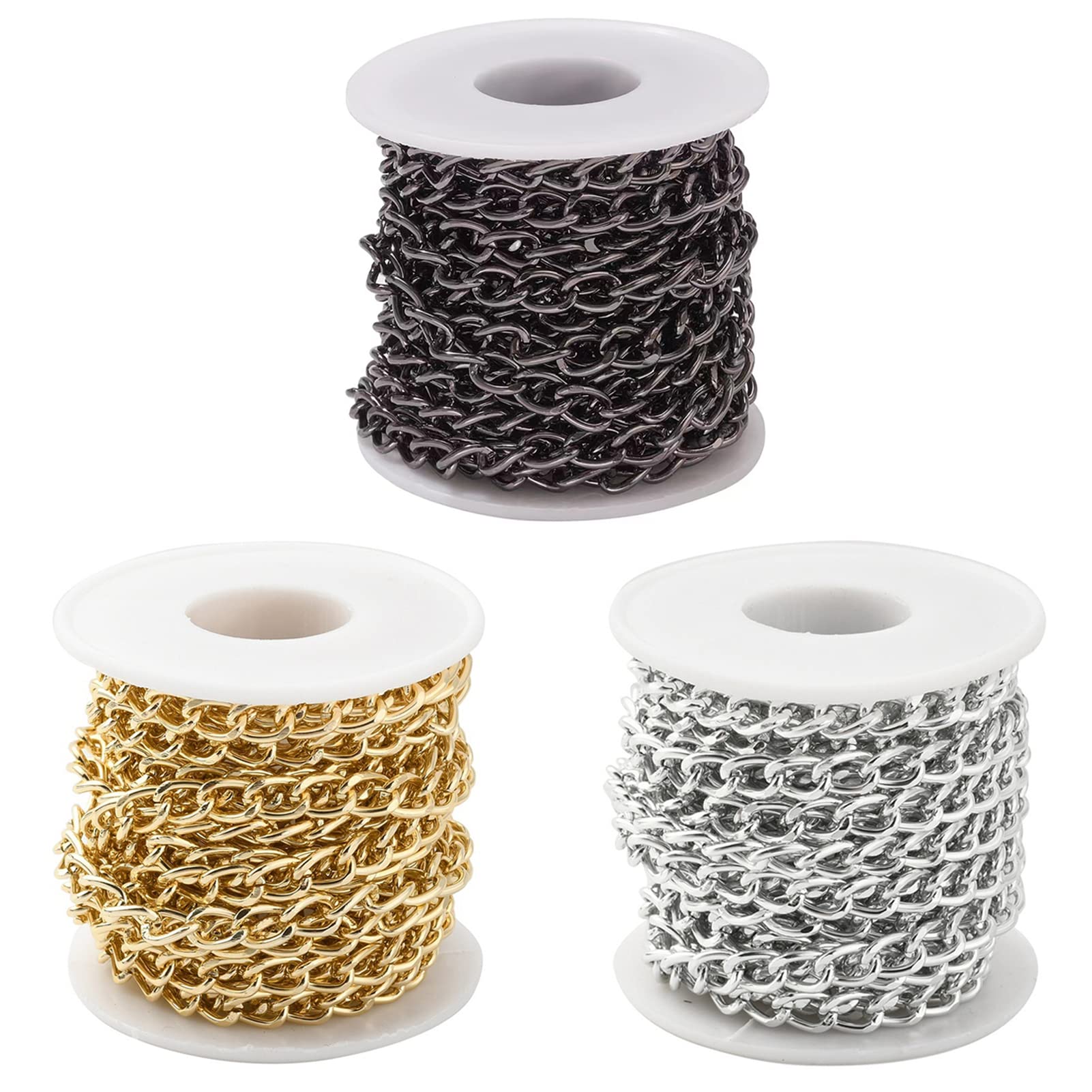 49.2 Feet Aluminum Curb Chains Twisted Links Cross Cable Chains Golden & Silver & Gunmetal with Spool for Pendant Necklace Jewelry Making