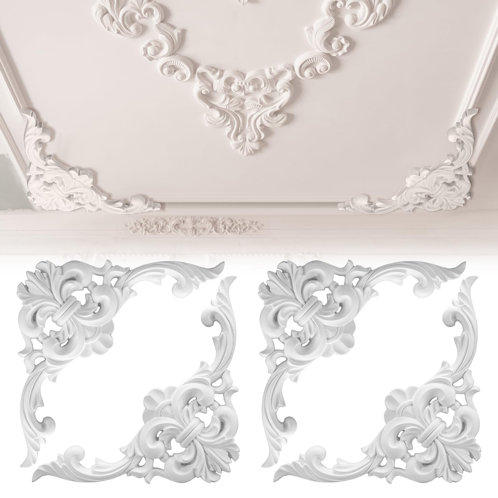Photo 1 of Colingmill 4 Pcs Ceiling Molding Kit Corners Murals Trim French Style Accent Wall Decor for Interior Medallion Ceiling with Flowers Pattern Decorative Panels for Wall (11.8 x 11.8 in,Elegant)