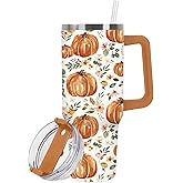FYSUIMU Fall Tumbler with Handle 40oz Orange Pumpkin Green Leaves Tumbler with Lid Straw Watercolor Stainless Steel Cup for Autumn Thanksgiving Home Office Travel