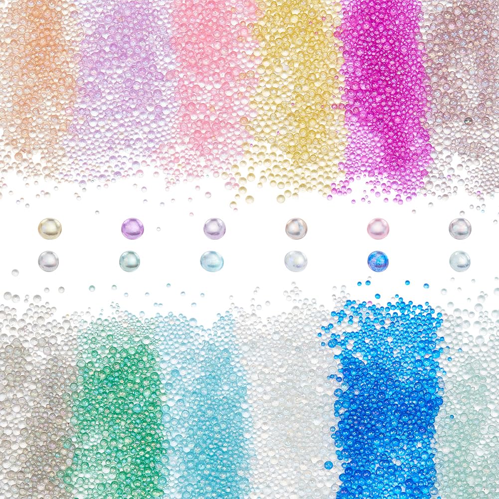 PH PandaHall 8640pcs Resin Bubble Beads, 12 Colors Round Tiny Glass Beads No Hole Mini Beads Iridescent Crystals Beads Seed Beads for Resin Crafting and Nail Arts Jewellery Making, 0.4-3mm