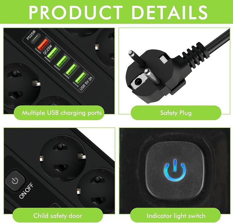 Steckdosenleiste USB-C Schwarz: Kupfer ABS USB Steckdosenleiste 2m mit 5 USB A und 1 Typ-C Schnellladeport, Schnellladefähig Multiple Steckdose für Heim, für Büro und Wohnbereich, Schwarz — Foto 3 von 7
