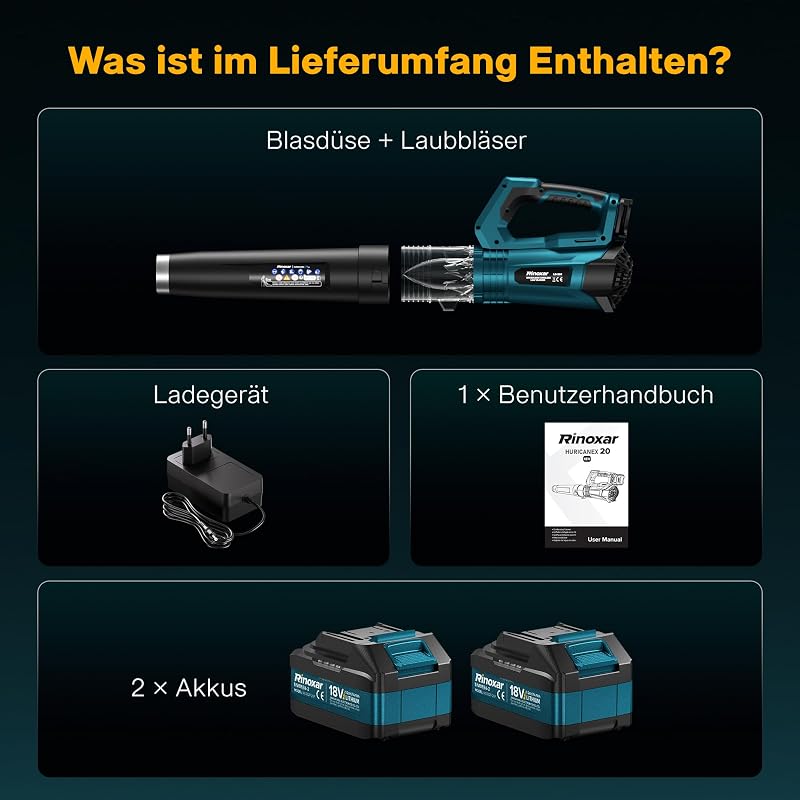 Akku Laubbläser Kabellos, Leicht und Bürstenlos, 4 Stufen+Turbo, 2 Akkus
