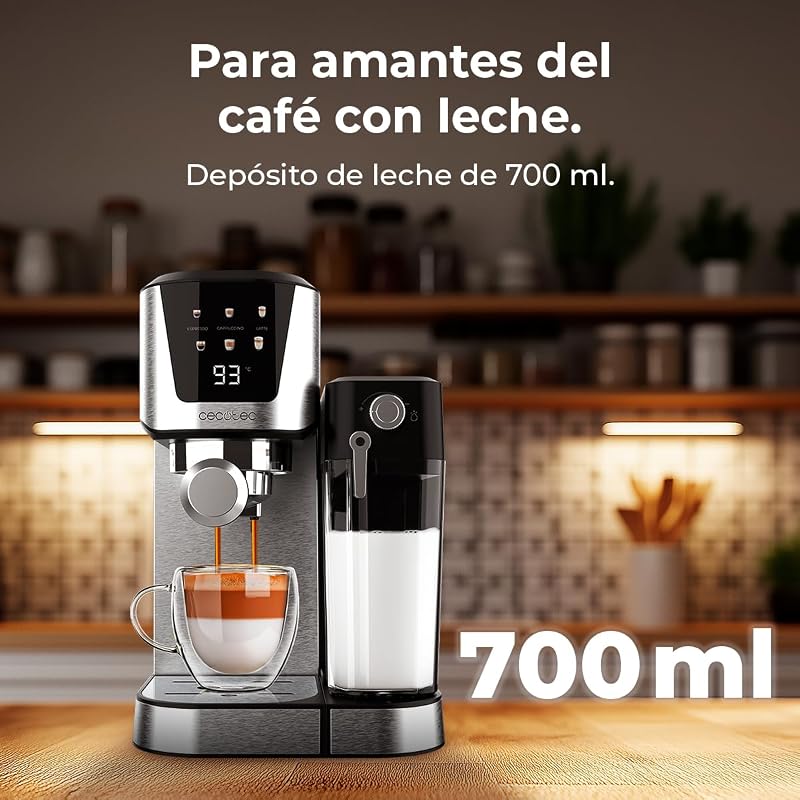 Cecotec Semi-automático Power Espresso 20 Cream Coffee Maker, 20 Bares, Aquecimento Thermoblock, Adequado para Café Moído, Espresso, Cappuccino e Latte, Touch Screen, Tanque de Leite de 700ml e 1L de Água