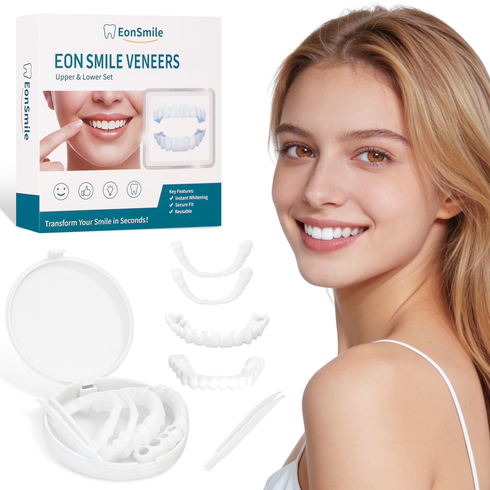 Photo 1 of Snap-On Veneers for Teeth – Natural White False Tooth Cover for Missing or Stained Smiles, Adjustable Temporary Cosmetic Dental Veneers, Upper & Lower Set