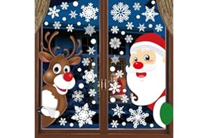 HINZER 310Pcs Christmas Window Clings Christmas Window Decorations Xmas Window Flakes Christmas Decals for Home Deer Santa Claus and Snowflakes